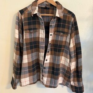 Patagonia Women's Brown and Black Plaid Button-Down Shirt